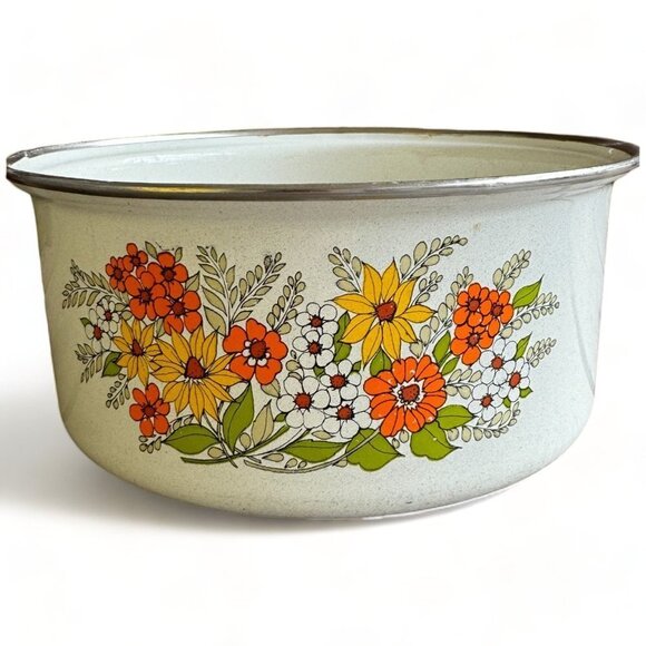 1970s Vintage Groovy Floral Sauce Pot with Handle Enamel Pan FLAWS READ - Picture 2 of 6